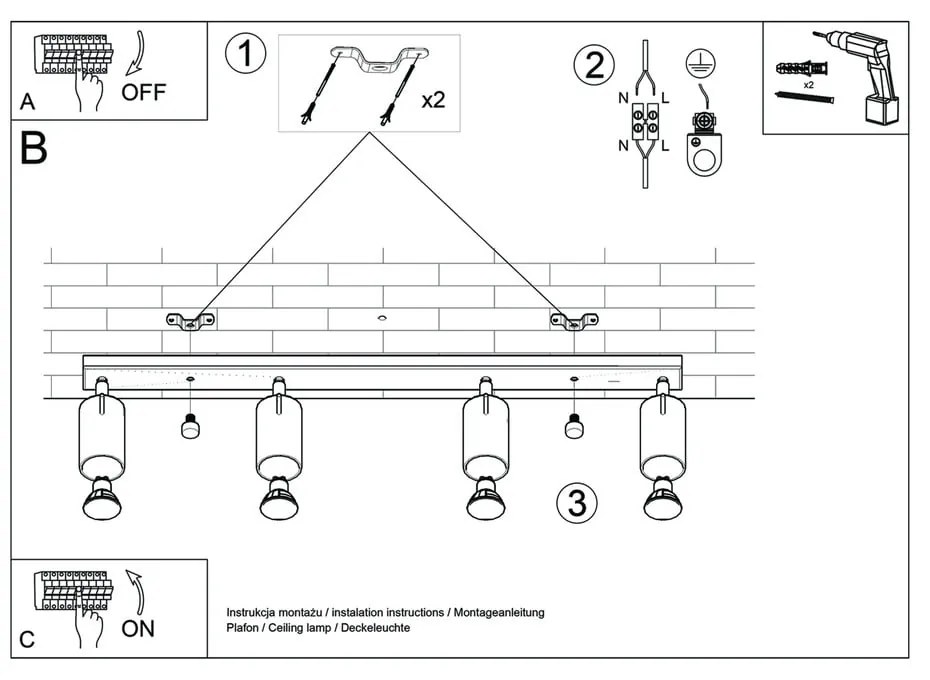 Apparecchio da soffitto nero 4L Etna - Sollux