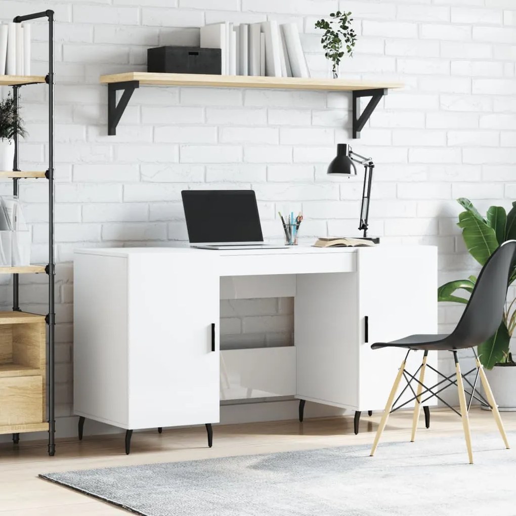 Scrivania Bianco Lucido 140x50x75 Cm İn Legno Multistrato /