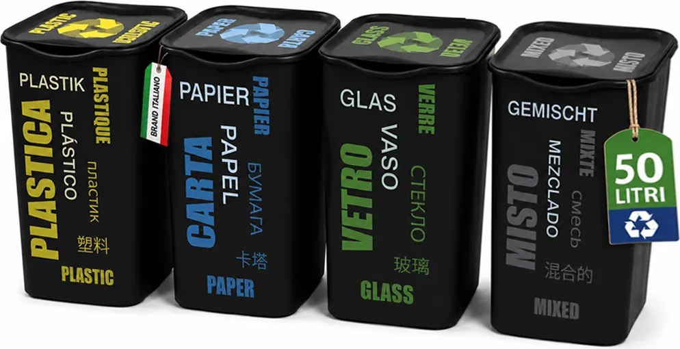 Set 4 Pattumiere per Raccolta Differenziata 37,5x36x53,5 cm Bidone da 50 Litri in Plastica Nero...