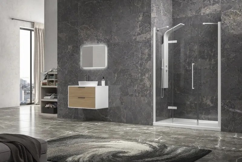 Kamalu - Porta doccia 155cm battente e 2 fissi colore bianco | KT6000B