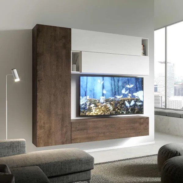 Parete soggiorno Isoka A34 L.234 H.210 Noce e Bianco