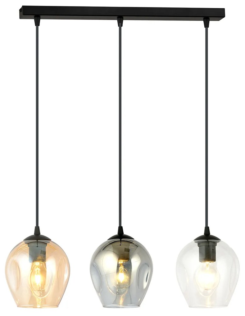 Lampadario 3 Luci Fuxi In Acciaio Nero E Vetri Ambra, Trasparente E Fumè