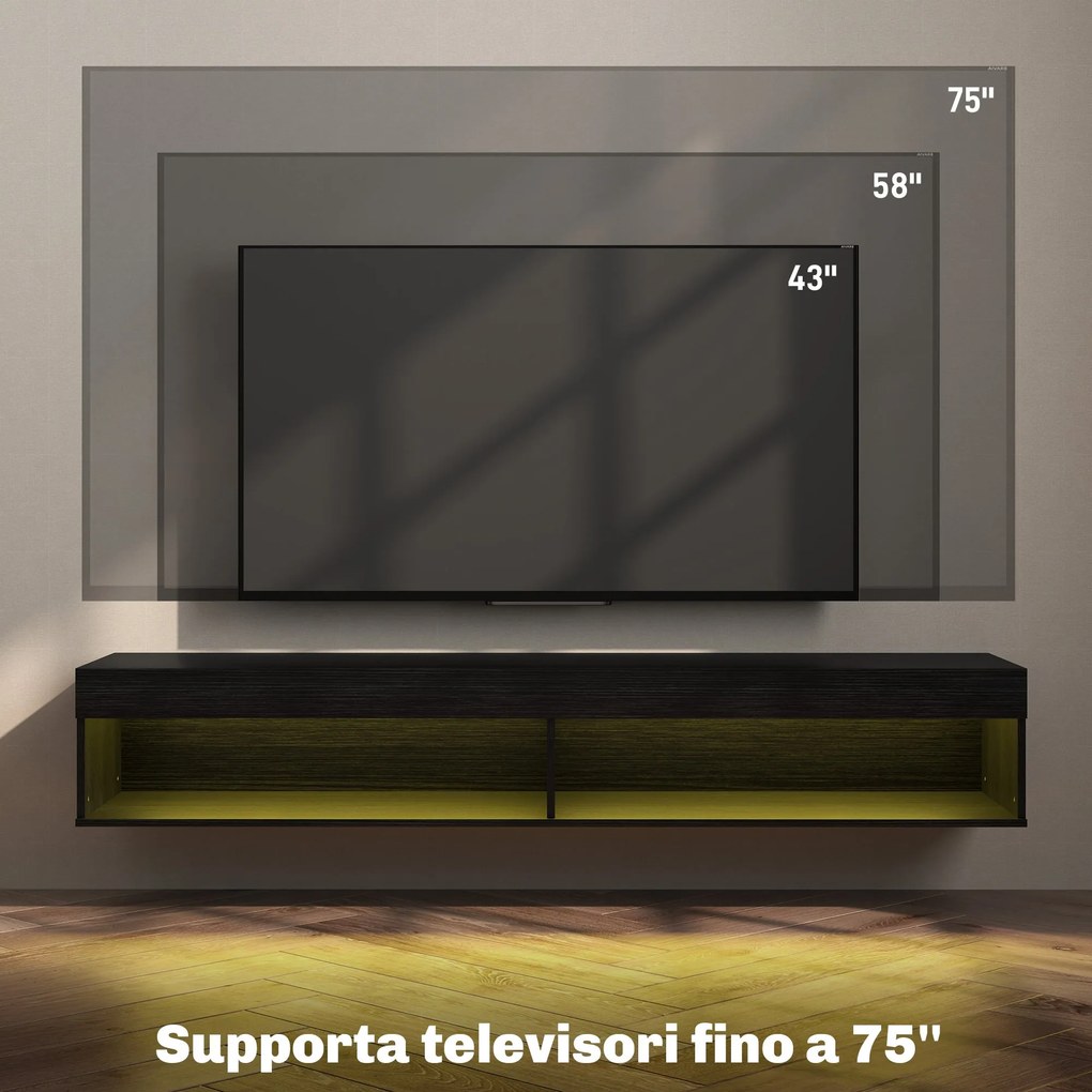 Mobile TV fino 75" Sospeso con Luci LED 16 Colori e Telecomando 180x40x30 cm Nero...