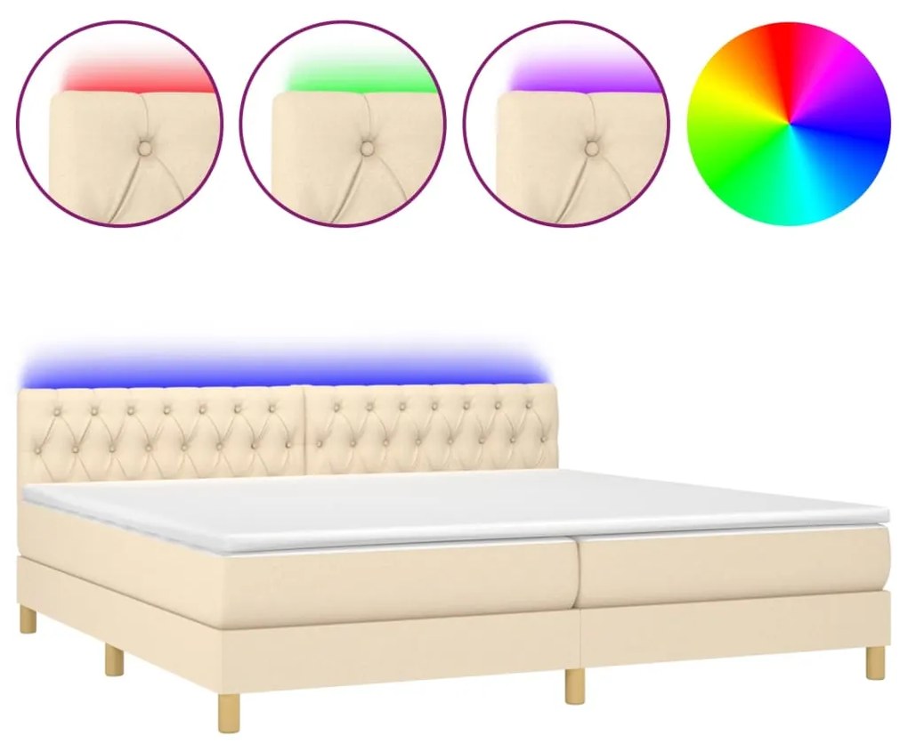 Letto a molle materasso e led bianco 200x200cm in tessuto