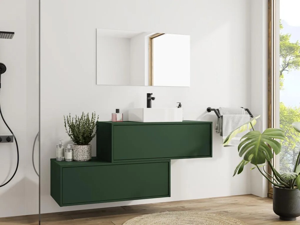 Mobile per bagno sospeso con lavabo singolo e due cassetti 94 cm Verde opaco - TEANA II