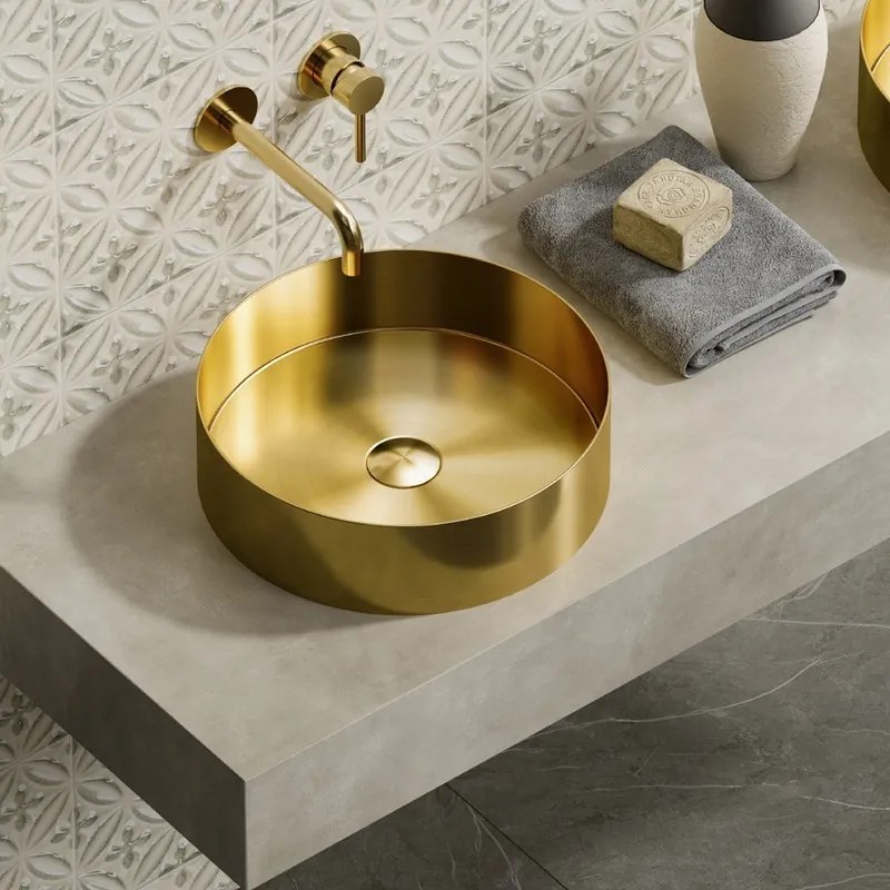 Kamalu - Lavabo da appoggio rotondo in acciaio inox finitura oro | KVE-380G