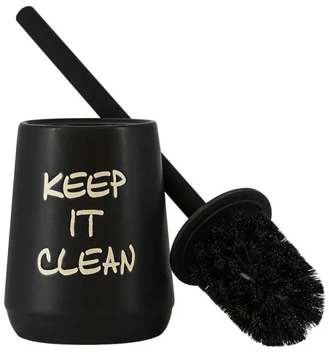 Portascopino da appoggio linea Wash in ceramica nero opaco con scritte