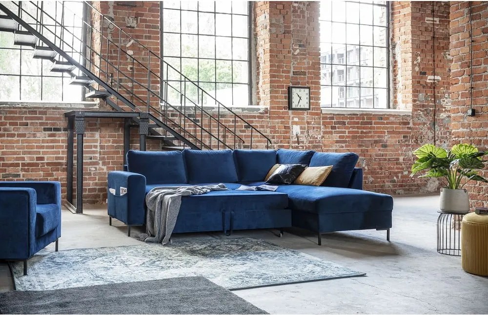 Divano letto angolare in velluto blu scuro (angolo destro) Lofty Lilly - Miuform