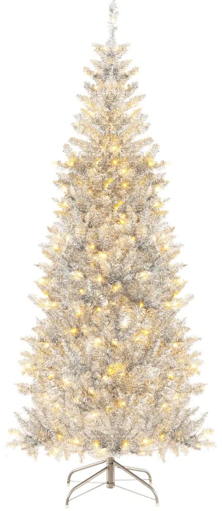 Costway Albero di Natale artificiale argentato con 790 rametti 300 luci a LED supporto pieghevole, Decorazione natalizia 180cm