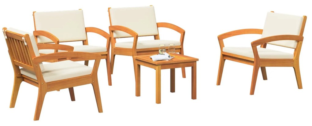 Set bistro da 5 pezzi con cuscini in legno solido di acacia
