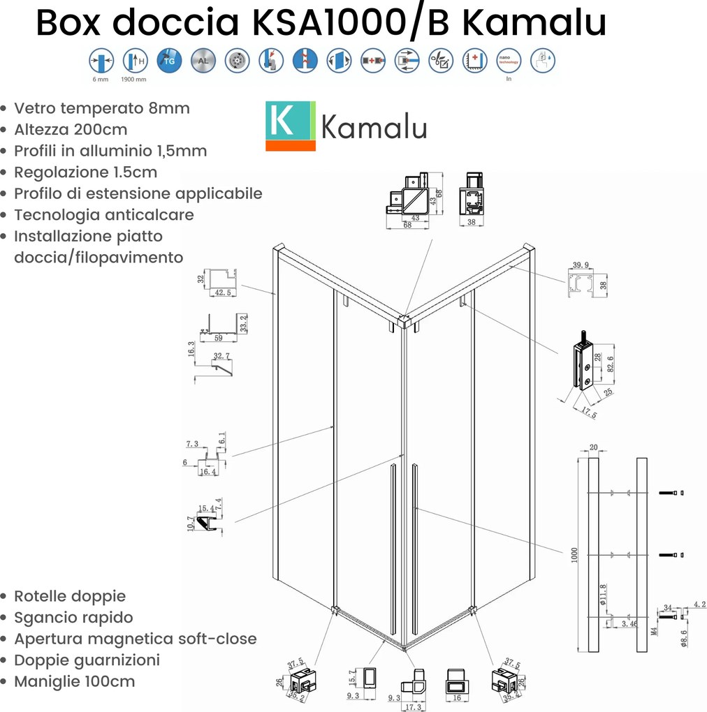 Box doccia 80x100 apertura doppio scorrevole vetro 8mm | KSA1000 - KAMALU