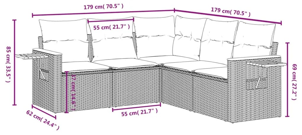 Set Divano da Giardino 5 pz con Cuscini Beige in Polyrattan