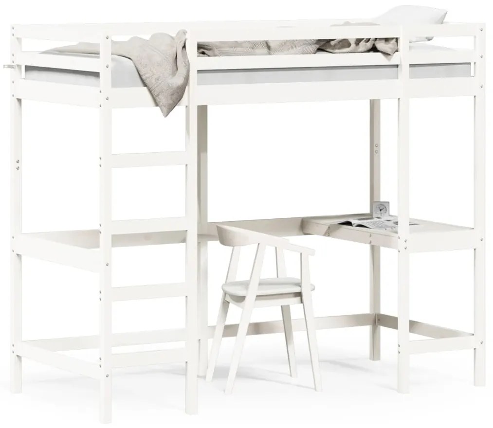 Letto Soppalco Con Scrivania Bianco 100x200 Cm Massello Pino /