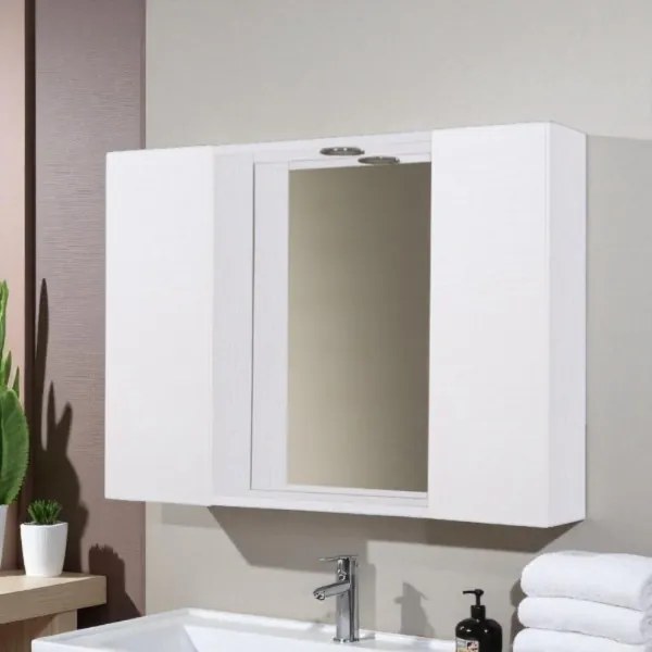 Specchiera bagno in legno 81 cm a 2 ante con faretto LED Bianco Frassino