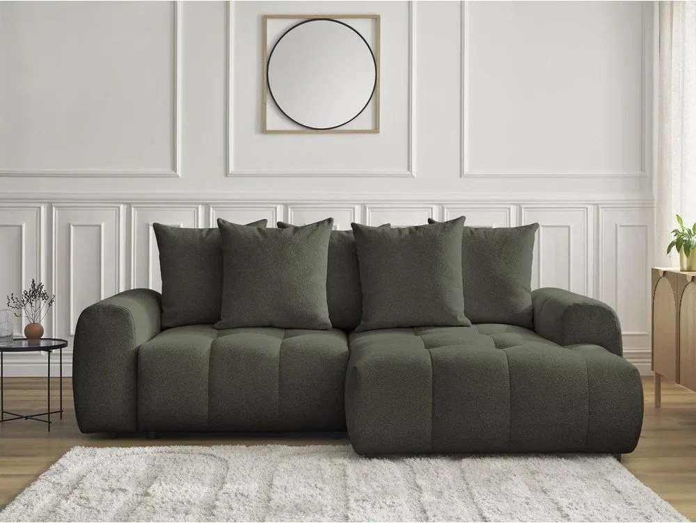 Divano angolare color kaki allungabile/con contenitore (con penisola a destra/con chaise lounge) con rivestimento in ciniglia Roxelane – Bobochic Paris