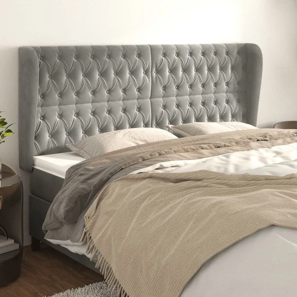 Testiera Ad Orecchio Grigio Chiaro 203x23x118/128 Cm İn Velluto /