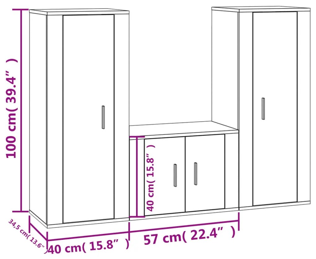 Set Mobili Porta TV 3 pz Bianco Lucido in Legno Multistrato