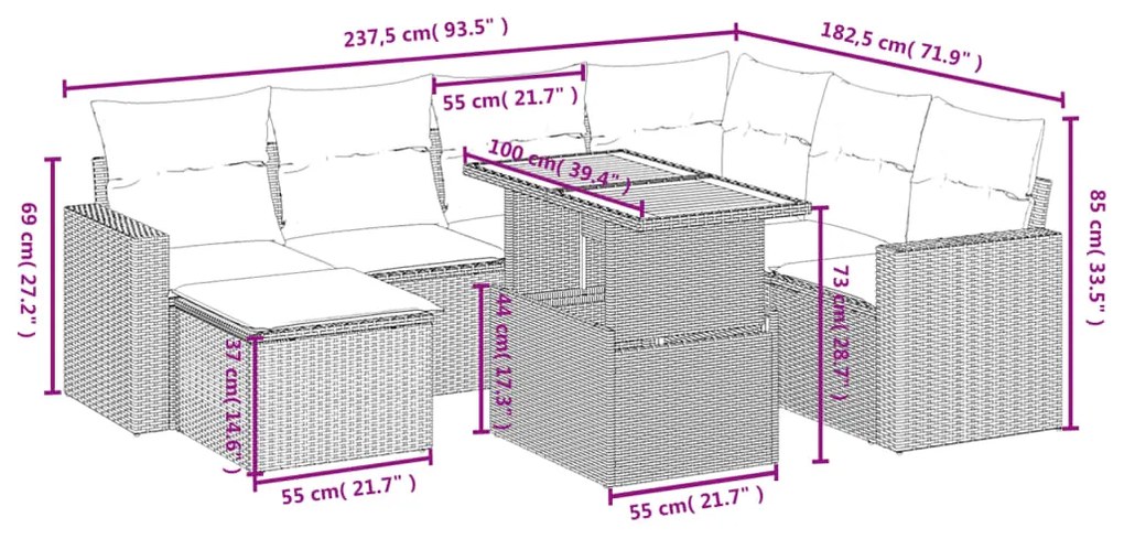 Set divano da giardino 8 pz con cuscini beige in polyrattan