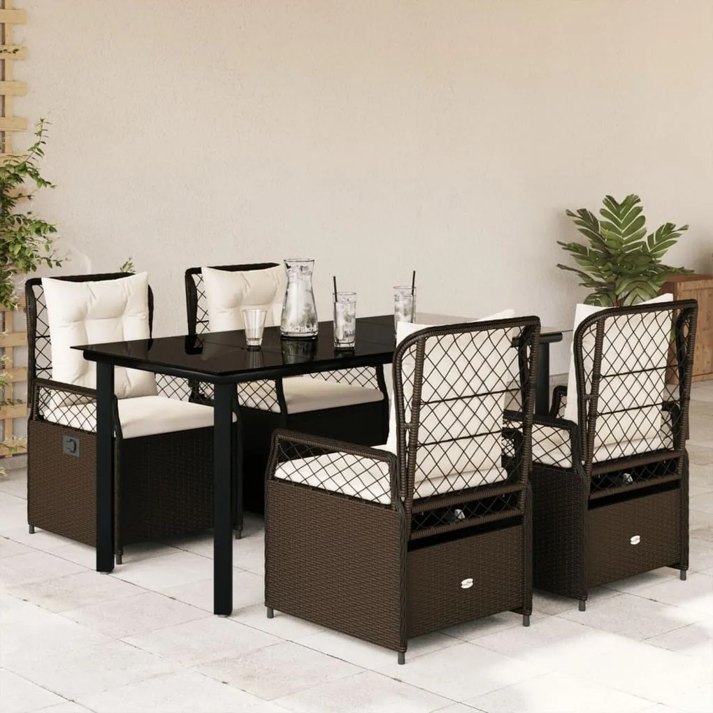 Set da pranzo da giardino 5pz con cuscini in polyrattan marrone