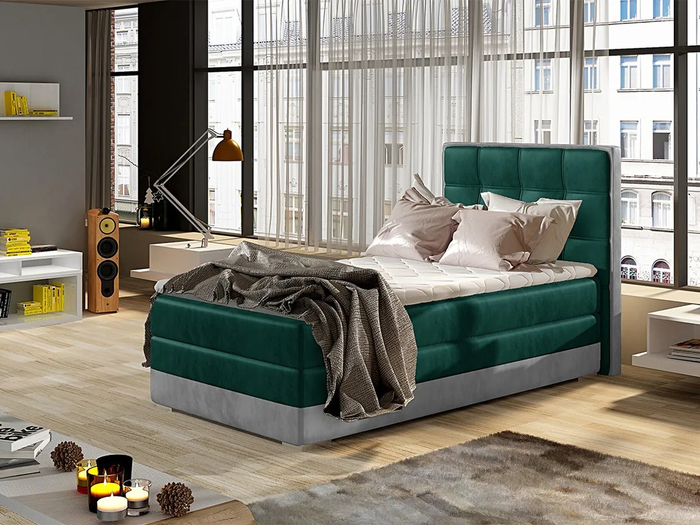 Letto singolo boxspring Lima - Tessuto verde + tessuto grigio