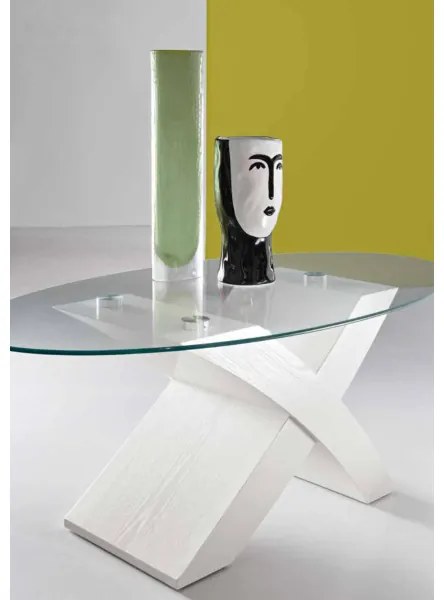 Tavolino piano in vetro ovale TITO con base color BIANCO FRASSINO
