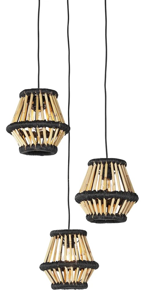 Lampada a sospensione orientale in bambù con paralume rotondo nero 3 luci - Evalin