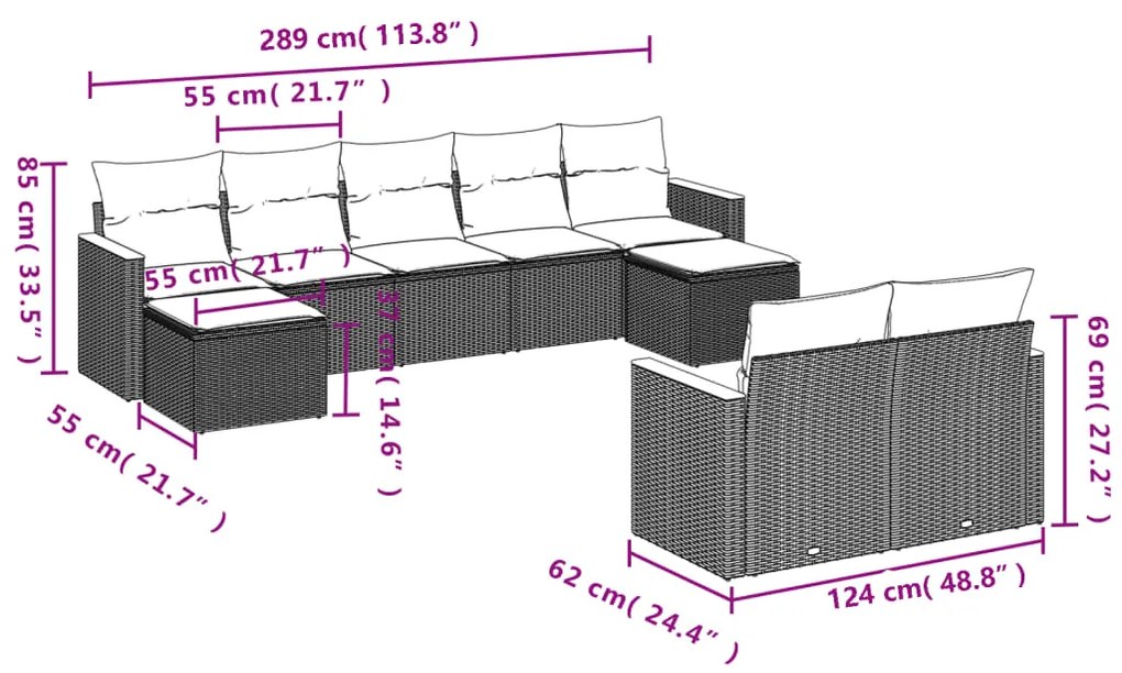 Set divano da giardino 9 pz con cuscini beige in polyrattan