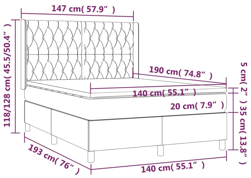 Letto a Molle Materasso e LED MarroneScuro 140x190cm in Tessuto