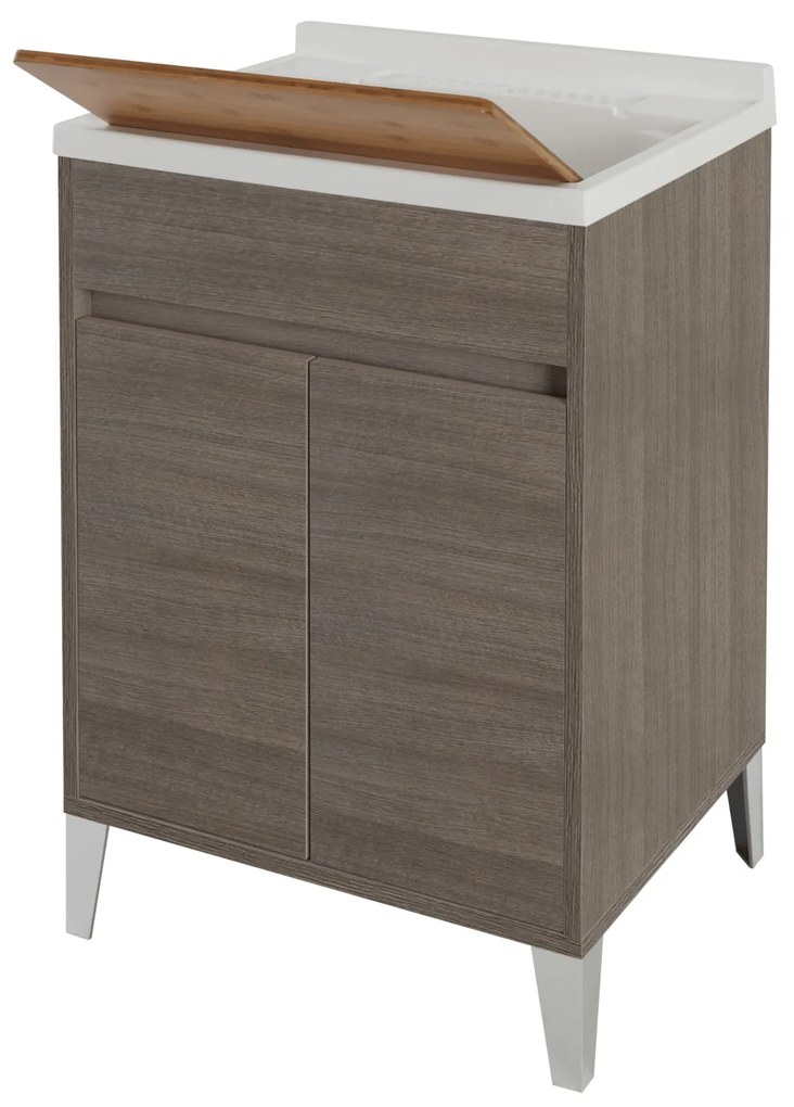 Lavatoio a Terra 60x50 Due Ante Con Vasca Sifone e Tavoletta In Legno Feridras "Mondo 2.0" Rovere Scuro