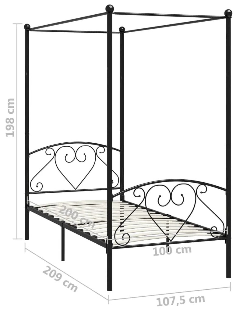 Letto a baldacchino nero in metallo 100x200 cm