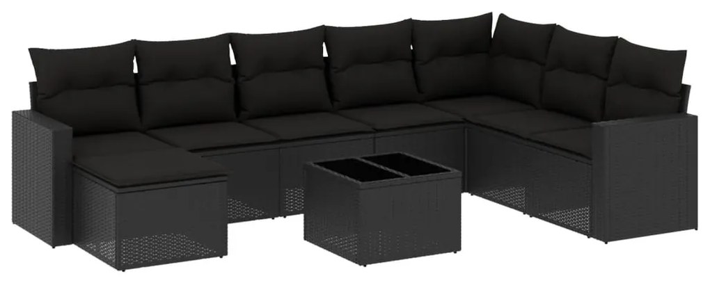 Set divani da giardino 9 pz con cuscini nero in polyrattan