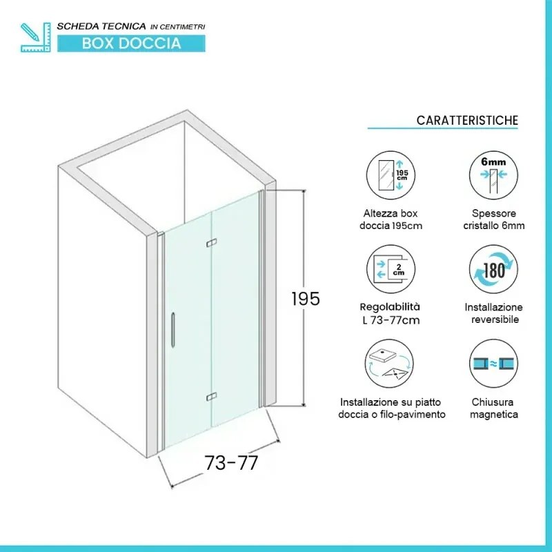 Porta doccia a soffietto per nicchia 75 cm in vetro temperato trasparente con profili cromo Neos