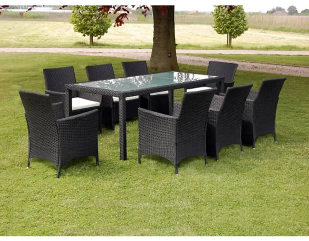 Set da pranzo da giardino 9 pz con cuscini in polyrattan nero