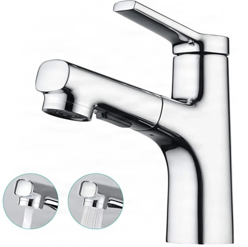 Rubinetto da bagno EYN IZK1444 con doccetta estraibile, in cromo o nero opaco — Cromo — Alta