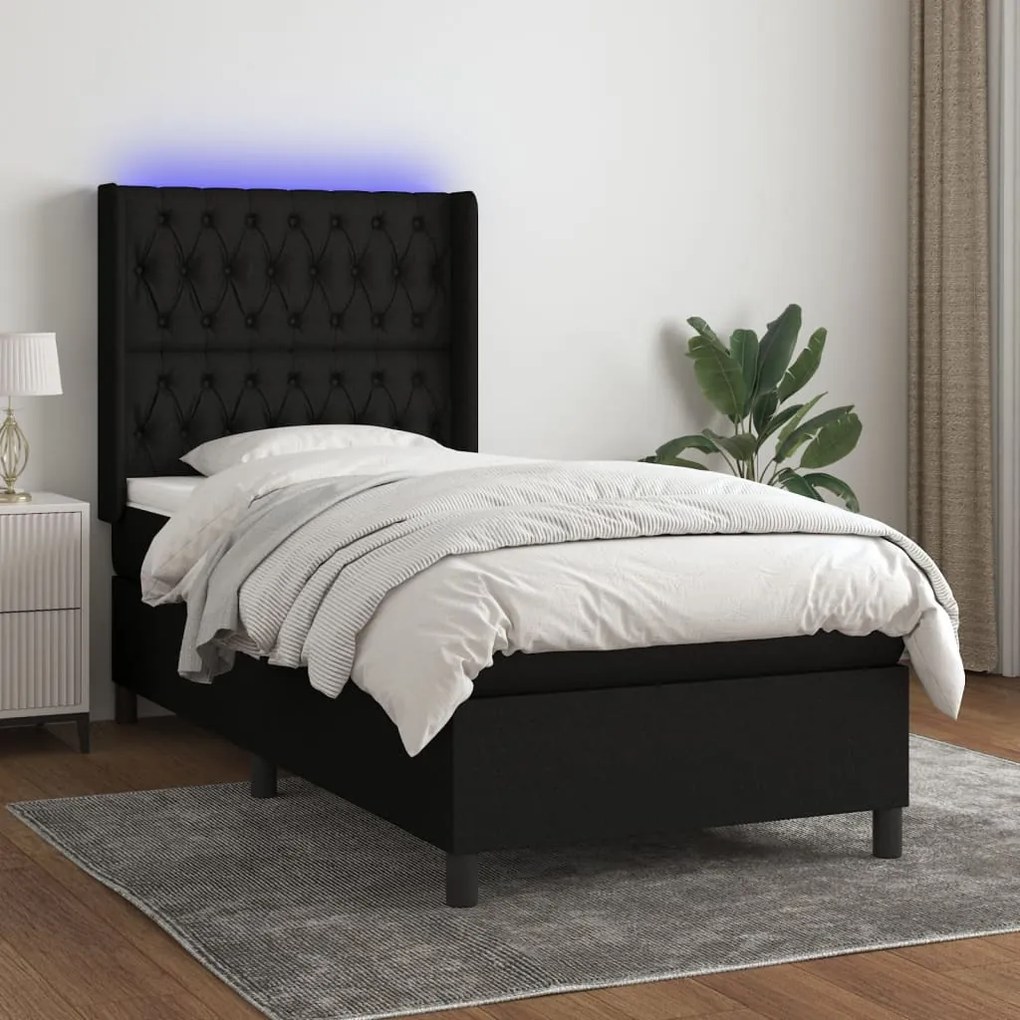 Letto a molle con materasso e led nero 80x200 cm in tessuto