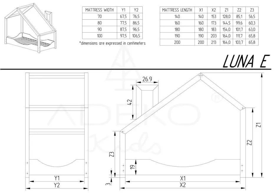 Letto da casa in legno di pino lma, 90 x 200 cm Luna E - Adeko