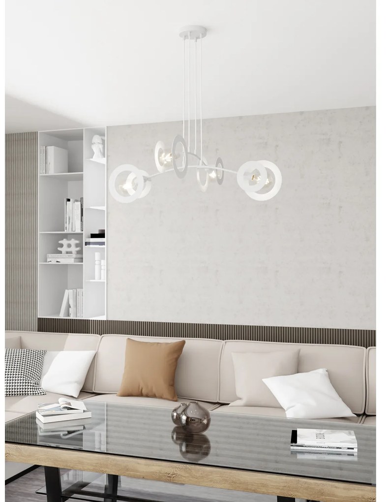 Lampadario 4 Luci Crono Acciaio Bianco A Bracci E Diffusori A Doppio Cerchio