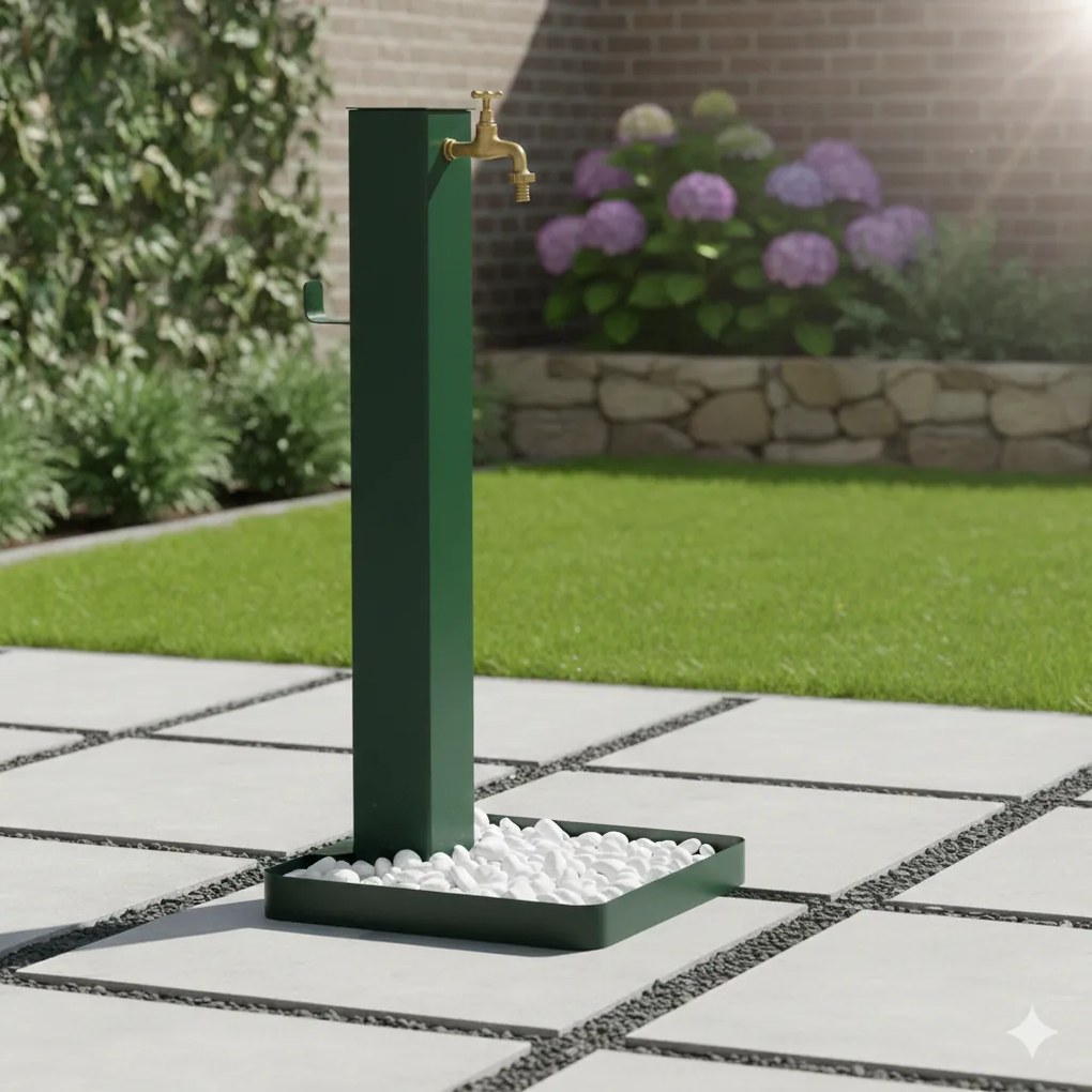 Fontana da Giardino Design a Colonna Quadrata Rubinetto in Ottone e Base con Ciottoli Verde...