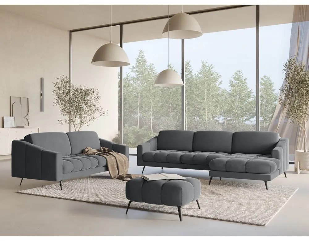 Divano angolare grigio (con penisola a destra) con rivestimento in velluto Nalu – Makamii