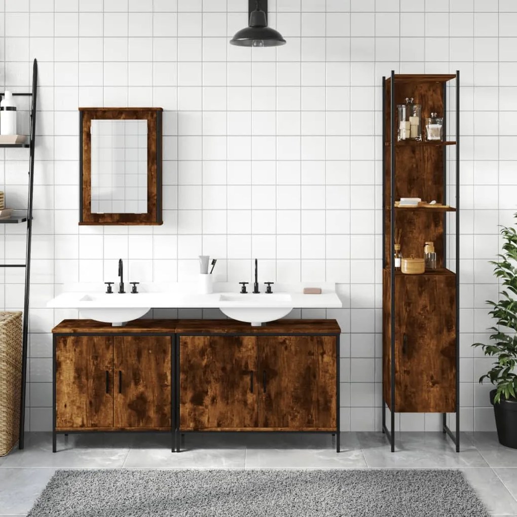 Set mobili da bagno 4 pz rovere fumo in legno multistrato