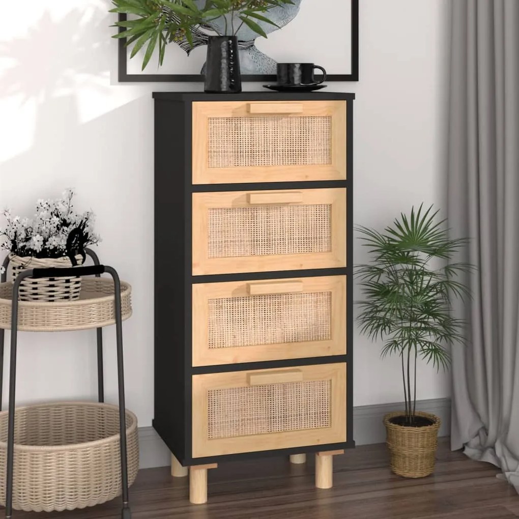 Credenza Nera 40x30x90 Cm Legno Massello Pino E Rattan Naturale /