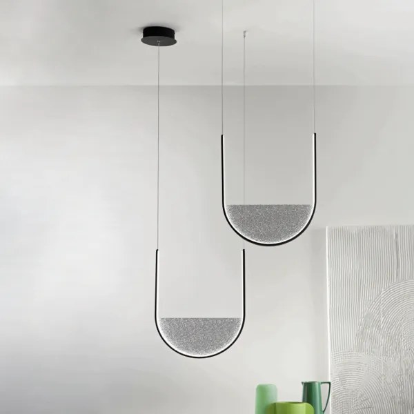 Lampada a sospensione LOTUS 2 Luci LED con inserto in vetro granigliato 90 cm FUMÉ