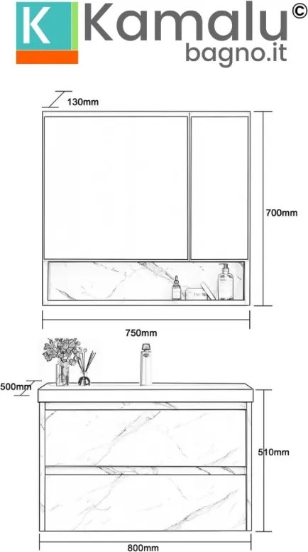 Kamalu - Mobile bagno sospeso 80 cm finitura marmo e specchio contenitore | KAM-VV80