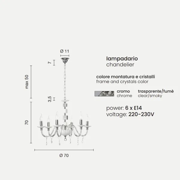 Lampadario sospeso LIVIA in vetro e cristallo D70 cm Fumč 6 luci