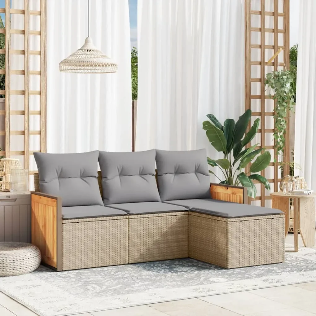 Set divano da giardino 4 pz con cuscini beige in polyrattan
