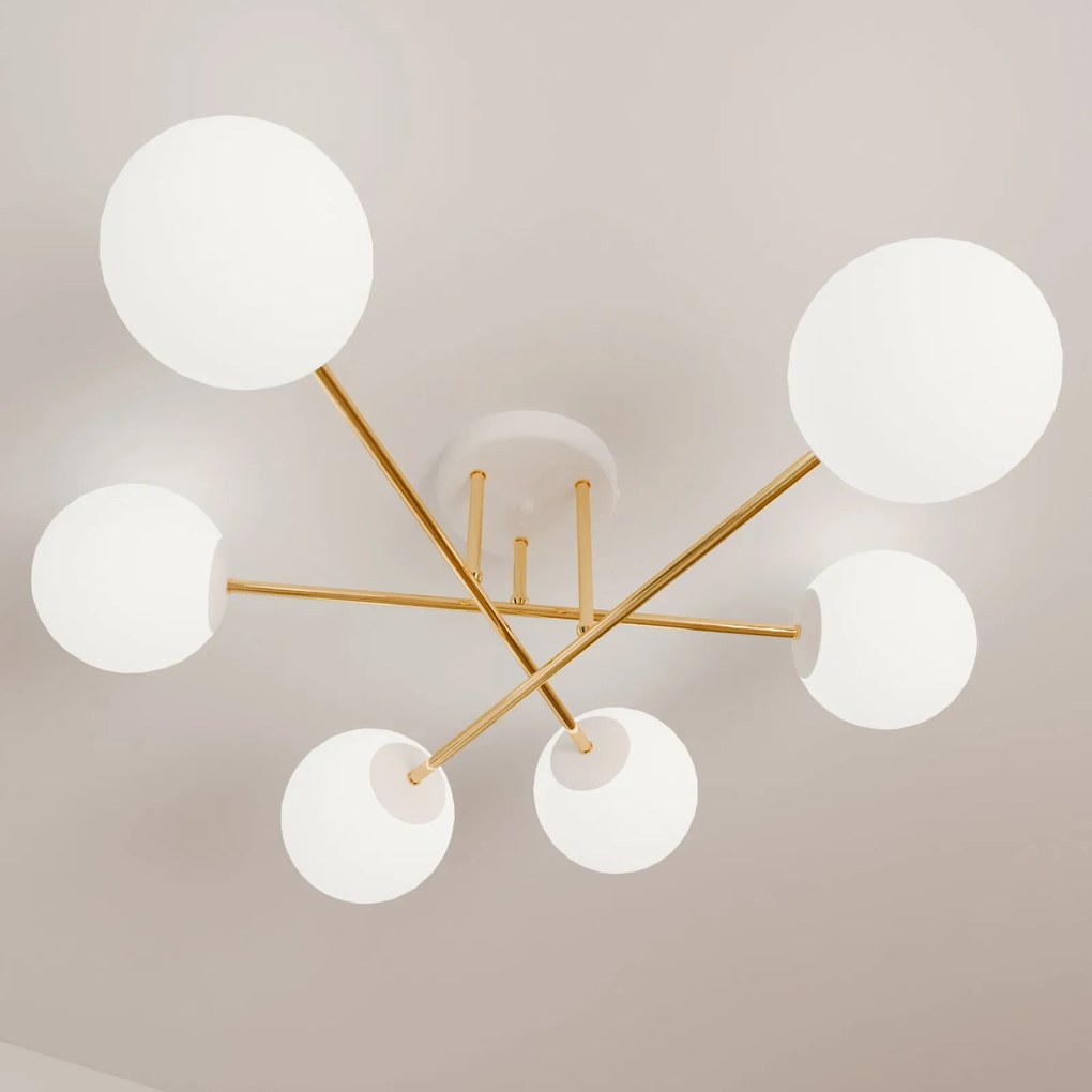 Plafoniera Moderna Magnium 6 Luci In Acciao Oro E Sfere In Vetro Bianco