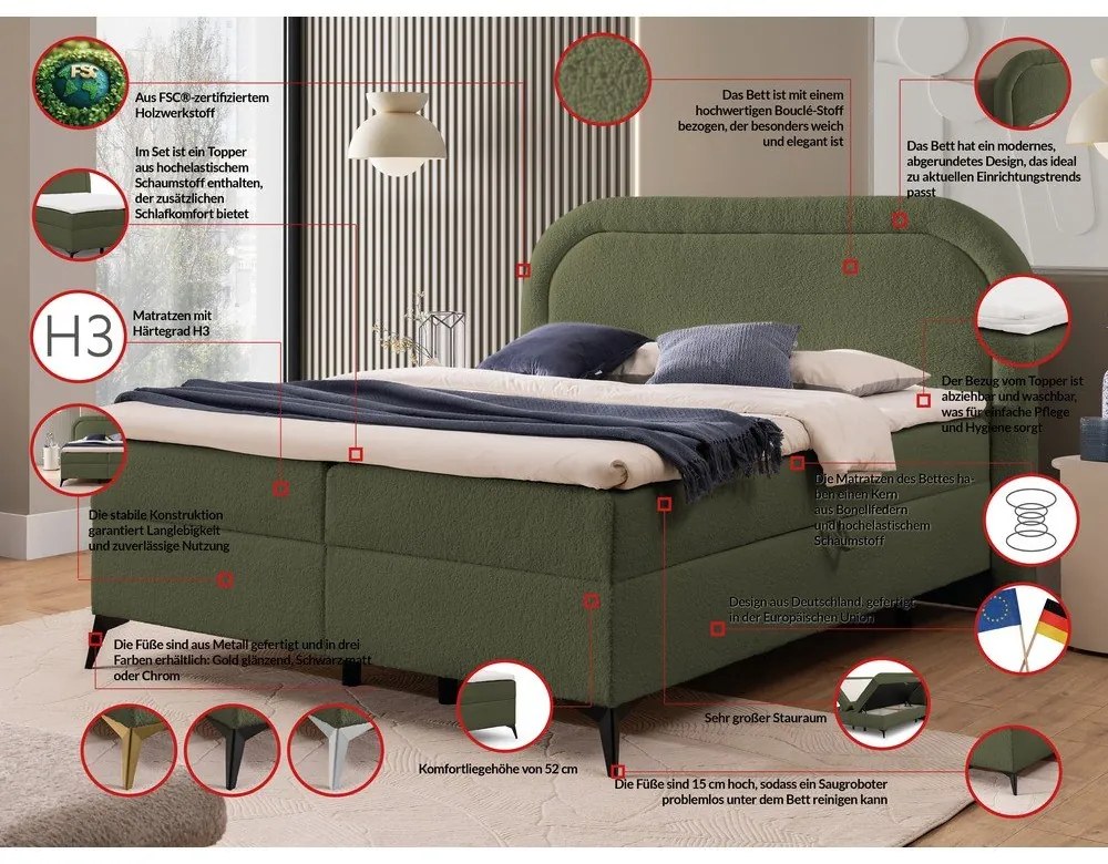 Letto boxspring verde con contenitore 140x200 cm Ornes – Ropez