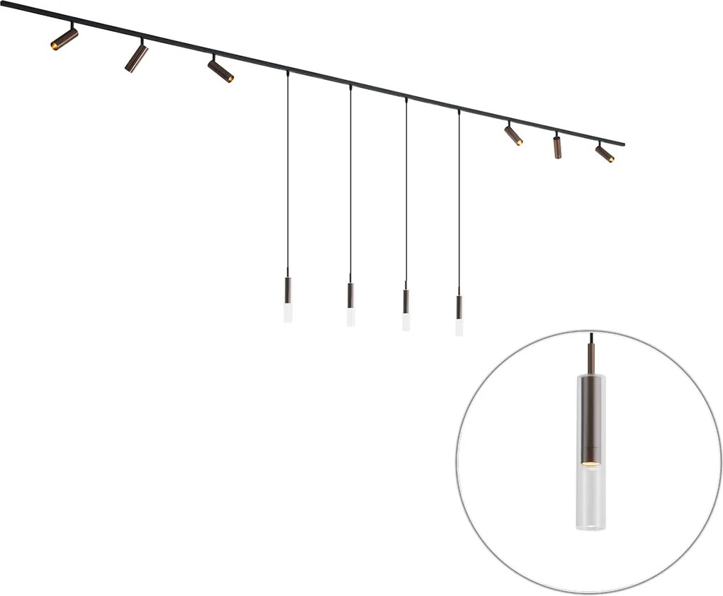 Sistema di illuminazione a binario moderno nero con 6 faretti e 4 luci a sospensione bronzo scuro 1 fase - Slimline Uzzy Loyce