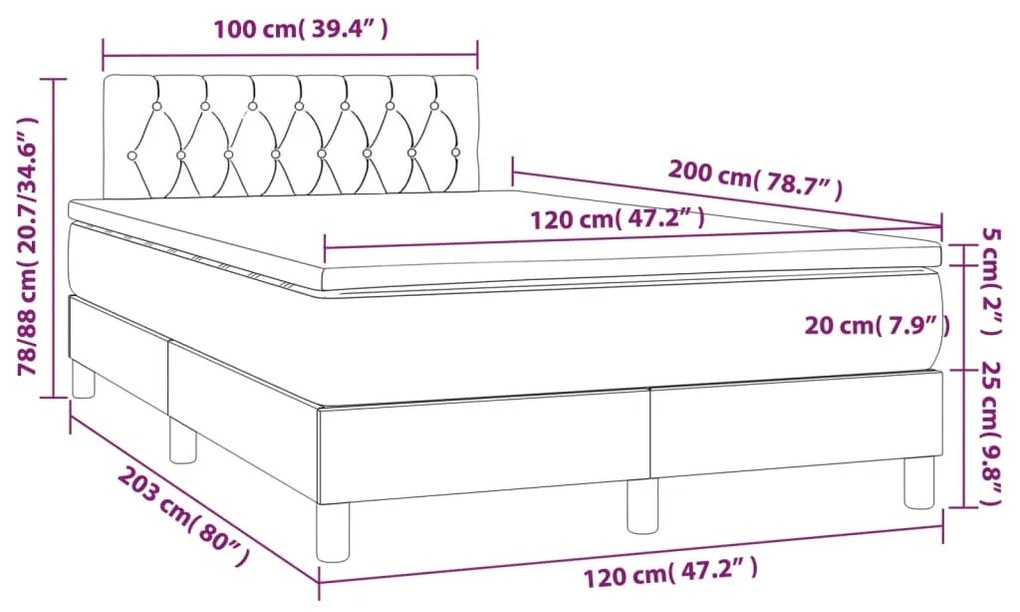 Letto a Molle Materasso e LED Marrone Scuro 120x200 cm Tessuto