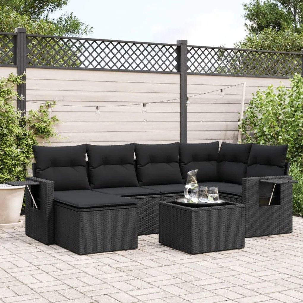 Set divani da giardino con cuscini 7pz nero polyrattan